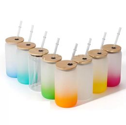 Sublimation Frosted Glass Water Bottle Tumblers Shot Glasses Jar Soda Beverage Straw Cup with Bamboo Lid Coloured Glass