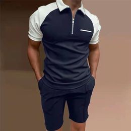 Men s Tracksuit Polo Shirt Suit Casual Streetwear Patchwork Zipper Short Sleeve Shorts Breathable 2 Piece Set S 4XL 220621