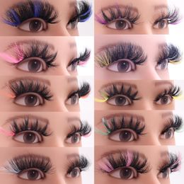 22~25mm 3D Mink Coloured Eyelashes Colourful 100% Mink Lashes Pink Blue Red White False Eyelash Natural Dramatic Fluffy Soft Eye Lash with Colour End for Party