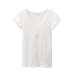 PUWD Y2K Cute Girl Cotton Hollow Out Lace T-Shirt Fashion Ladies Slim Short Sleeve Button Top Summer O Neck Tees 220402