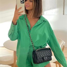 Aproms Elegant Solid Cotton Blend Two Piece Tops and Shorts Sets Women Summer Green Oversized Long Shirts High Waist Suits 220509
