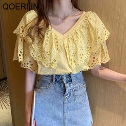 QOERLIN Ruffles Hollow Out Tops Plus Size Japan Summer Korean Vneck Lace Tops Girls Short Sleeve Tshirt Womens Top 210412