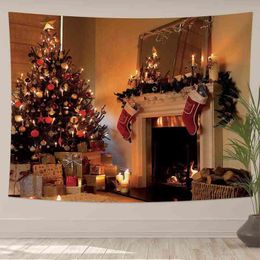 Christmas Wall Carpet Tree And Fireplace Warm Family Hanging Background Home Room Decoration Gift J220804