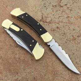 Top quality Classic BK110 Automatic Tactical Folding Knife 440C Satin Blade Ebony + Brass Head Handle EDC Pocket Knives With Leather Sheath