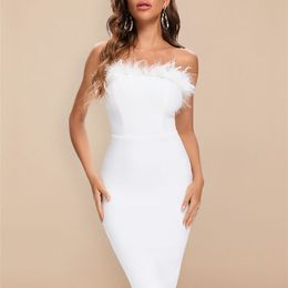 BEAUKEY White Sexy Women HL Bandage Dresses Bodycon Slash Feathers Club Black Strapless Celebrity Vestido Knee Length 220317