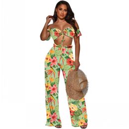 Women's Two Piece Pants Casual Suit Bohemian Sexy Dashiki Wrapped Chest Top+Straight Slim Spring Beach Swimsuit
