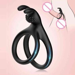 Nxy Cockrings New Rabbit Type Silicone Double Penis Ring Male Delay Ejaculation Sex Toys for Men Cock Erection Lock Cockring Products 220505