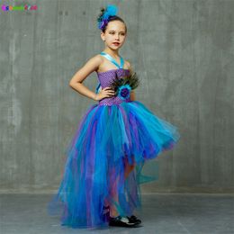 Peacock Tutu Costume Dress Child Girls Pageant Prom Ball Gown Princess Feather Halloween Birthday Party Train 220422