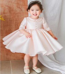 Girl's Dresses Sweetheart Baby Satin Bow Decorati O-neck Ball Gowns Girls Birthday Half Sleeve Infant Baptism Christening DressesGirl's