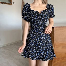 Dresses Women Backless Puff Sleeve Sexy Print Elegant All match Fashion Holiday Simple Harajuku Vintage Casual Cozy Ins 220521