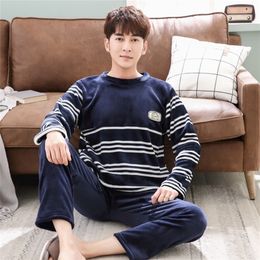 Winter Casual Striped Long Sleeve Thick Warm Flannel Pyjama Sets for Men Coral Velvet Sleepwear Suit Homewear Home Clothes LJ201113