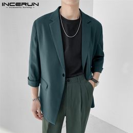 Fashion Men Blazer Solid Colour Lapel 34 Sleeve One Button Leisure Suits Men Streetwear Casual Thin Jackets S5XL INCERUN 220705