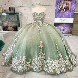 Açık yeşil el yapımı çiçekler quinceanera elbiseler balo elbisesi tatlım kolsuz aplikeler tatlı 15 kız partisi için korse