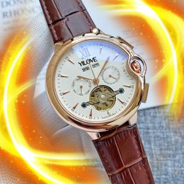 Flywheel Skeleton British Style Men's Watch 48mm Automatic Dating Mechanical Movement Clock Leather Wristband Sapphire Luxury Wristwatch