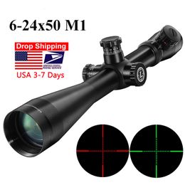 6-24X50 M1 Tactical Rifle Scope Hunting Optics Scope Red and Green Dot Fibre Reticle Long Eye Relief RifleScopes