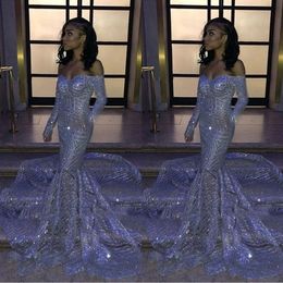 One pcs Black Girl Silver Sequins Off-the-shoulder Mermaid Prom Dresses 2022 Long Sleeves Sweep Train Reflective Evening Gowns
