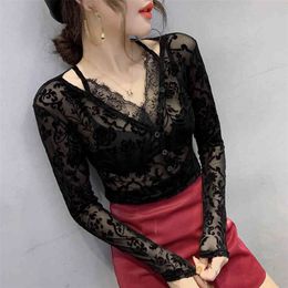 autumn and winter fashion female slim slimming long sleeves v-neck wild net yarn flocking top lace bottoming shirt 210412