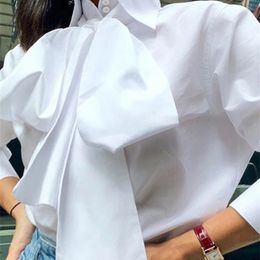 Elegant Bow Tie White Shirts Women Long Sleeve Fashion Tops Casual Party Blouse Autumn Tunic Ladies Blusas Femininas W220321