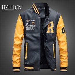 Bomber Leather Jacket Men Baseball Jackets Biker Pu Coat Faux Pilot Varsity Fleece College Top Leather Black Slim Fit Motorcycle 201128