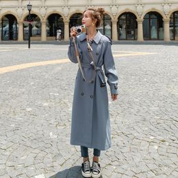 green trench coats UK - Women's Trench Coats Blue Green Purple Long Double-Breasted Women Coat Lady Duster Spring Autumn Outerwear Female Clothes Bery22