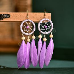 Bohemia Blue Feather Tassel Earrings Hangers Vintage Dream Catcher Wood Beads Ethnic Indian Earrings Boho Summer Jewellery Gifts