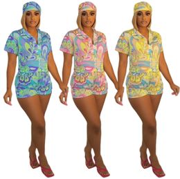 Womens Tracksuits Three Piece Sets Fashion Personalized Multicolor Printing Shorts Shirt Outfits including Headscarf