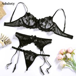 Embroidered Flower Sheer Mesh Lingerie Set Women's Lace Breathable Gathered Underwire Big Bow Bra and Garter Panties 3PS 220513