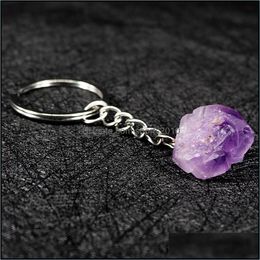 Arts And Crafts Natural Stone Key Rings Keychains Sier Color Healing Amethyst Crystal Car Decor Keyholder For Women Me Sp Sports2010 Dhvpx