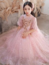 Pink Sequin Toddler Ball Gowns Girls Pageant Dresses Jewel Long Sleeves Formal Kids Party Gown Lace Flower Girl Dresses for Weddings