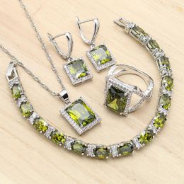 Earrings & Necklace Silver Colour Jewellery Sets For Women Olive Green Topaz Pendant Ring Bracelet Birthday Wedding Christmas GiftEarrings