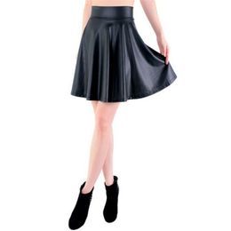 new high waist faux leather skater flare skirt casual mini skirt knee length solid color black skirt SMLXL T200106