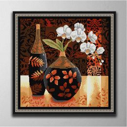 Orchid in Black Porcelain Jar DIY handmade cross stitch Embroidery Tools Needlework sets counted print on canvas DMC 14CT 11CT cloth