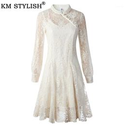 Casual Dresses Women Clothings Elegant Lace Dress 2022 Spring Summer Vintage Apricot Long Sleeve Modified Cheongsam Prom One-piece