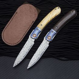 R7802 Damascus Pocket Folder Knife VG10 Damascuss Steel Blade livewood / Ebony with Steels Head Handle EDC Folding Knives with Leather Sheath