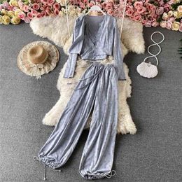 Spring Fashion Jacket Short Vest Wide-leg Pants and Trousers Suit Casual Student Women's Three-piece GK437 210506