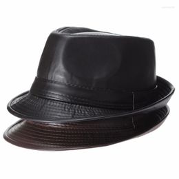 Wide Brim Hats Mistdawn High Quality Leather Men's Fedora Trilby Hat Gentleman Winter Panama Cap Eger22