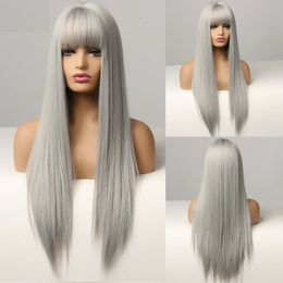 Long Silky Gray Straight Wig Synthetic Bangs Heat Resistant Women Daily Party Hair