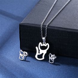 Lovely Hollow Cat Couple Sweater Chain Silver Colour Spring Summer Necklace Pendant Hip Hop Stud Earrings Set Women Jewellery Gift