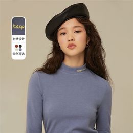 INMAN Spring Autumn Women's T-Shirts Chic Embroidery Women Pullover Half Turtleneck Pure Colour Casual Long Sleeves Tops Slim Fit 220402
