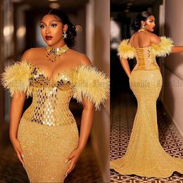 African Prom Dresses With Feather Sequins Beads Club Party Gowns Aso Ebi Women Dinner Wear robes de soiree