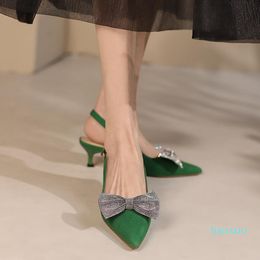 Dress Shoes Women 5cm Summer High Heels Crystals Bowtie Sandals Slingbacks Party Pointed Toe Sandles Elegant Ladies Pumps