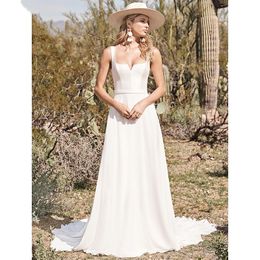 Simple modern crepe stain Wedding Dresses with Back Buttons Tank Satin Square Collar country Bridal Gown vestidos de novia