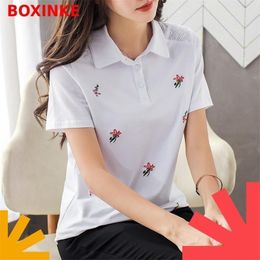 Summer New Loose Polo Womens Short Sleeve T Shirt Casual And Versatile Fashion Embroidered Knitting Polo Shirt Bottoming Top T200614