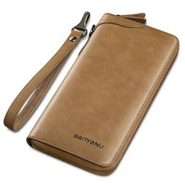 Wallets Business Soft Genuine Leather Purse Long Men's Clutch Bag Wallet Black Brown Wrist Strap Male Card Holder Coin Bags