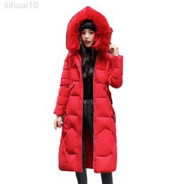 Long Down Cotton Coat Women New Korean Temperament Waist Hooded Big Fur Collar Khaki Red Beige Warmth Coats L220730