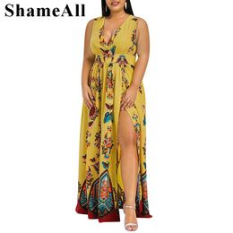 Plus Size Dresses Wrap V Neck High Split Long Maxi Beach Dress 4xl Summer Bohemia Sleeveless Hollow Out Vintage Floral Print Party DressPlus