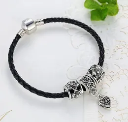 Antique Silver Bead Charm Black Leather Bracelet Silver 925 With Heart Pendant for Women Simple Fashion DIY Jewelry Gift