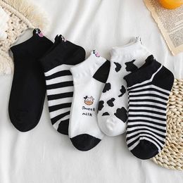 Socks & Hosiery Black And White Jacquard Ladies Shallow Mouth Boat Summer Thin Section Korean Cartoon Cow Cute Cotton SocksSocks