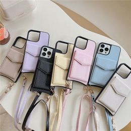 Necklace Lychee Grain Leather Mirror Phone Case for iPhone 13 12 11 Pro Max 7 8 SE2 SE3 Lanyard Rope Dual Card Slots Wallet Clutch Kickstand Protective Shell