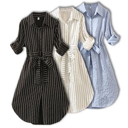 Striped Women Dress Tunic Long Sleeve Elegant Shirt Dress Blue White Black Spring Summer Ladies Casual Stripe Mini Dresses 220316